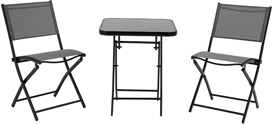 3 Pieces Garden Bistro Set, Folding Patio Table with Glass Table Top and 2 Chairs, Outdoor Furniture Set for Garden and Porch, Black