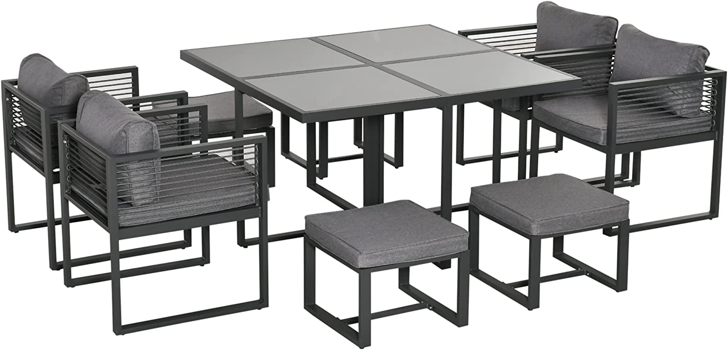 Nine-Piece Aluminium Garden Set, with Glass-Top Table - Grey