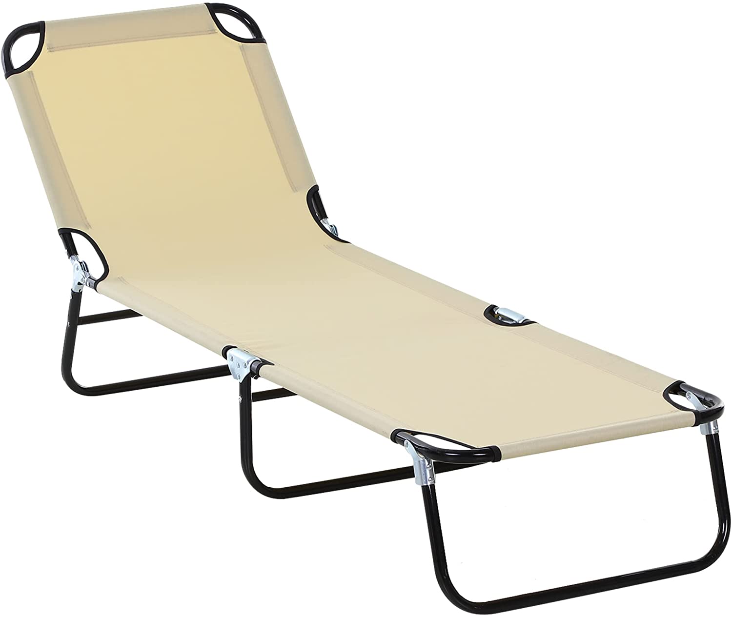 Foldable Sun Lounger with 5-Position Adjustable Backrest, Outdoor Portable Recliner Chaise Lounge Chair with Breathable Mesh Fabric, Beige