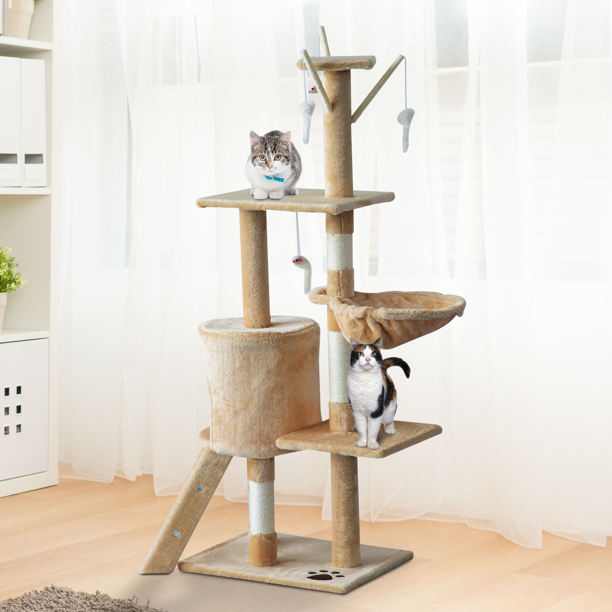 Cat Tree for Indoor Cats 135cm Kitten Tower Scratching Post Kitty Scratcher Climbing Tower with Ladder, Beige