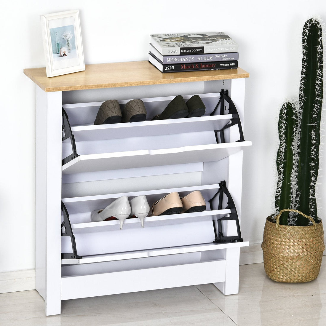 Narrow Shoe Cabinet, Space Saving Shoe Storage Cabinet with 2 Flip Drawers and Adjustable Shelves for 12 Pairs of Shoes for Hallways and Living Room, White