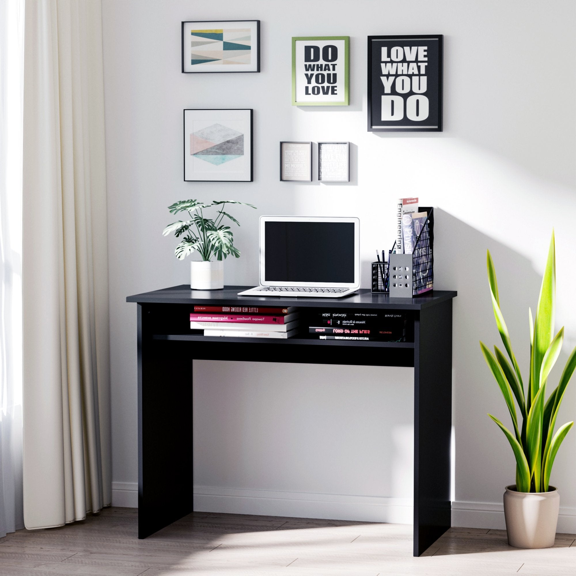 Modern Computer Desk, Home Office Table, Small Writing Desk with Storage Shelf, 90 x 50cm, Black Wood Grain