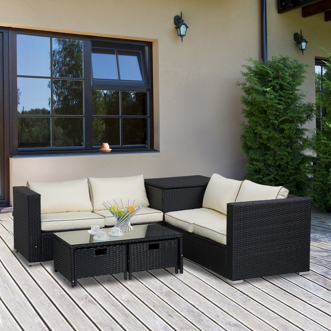 4 Pieces Rattan Garden Furniture Set, 4 Seater Corner Sofa Set with Storage Box, 2 Drawers Coffee Table, Loveseats with Cushions, Wicker Garden Conservatory Furniture for Balcony, Black