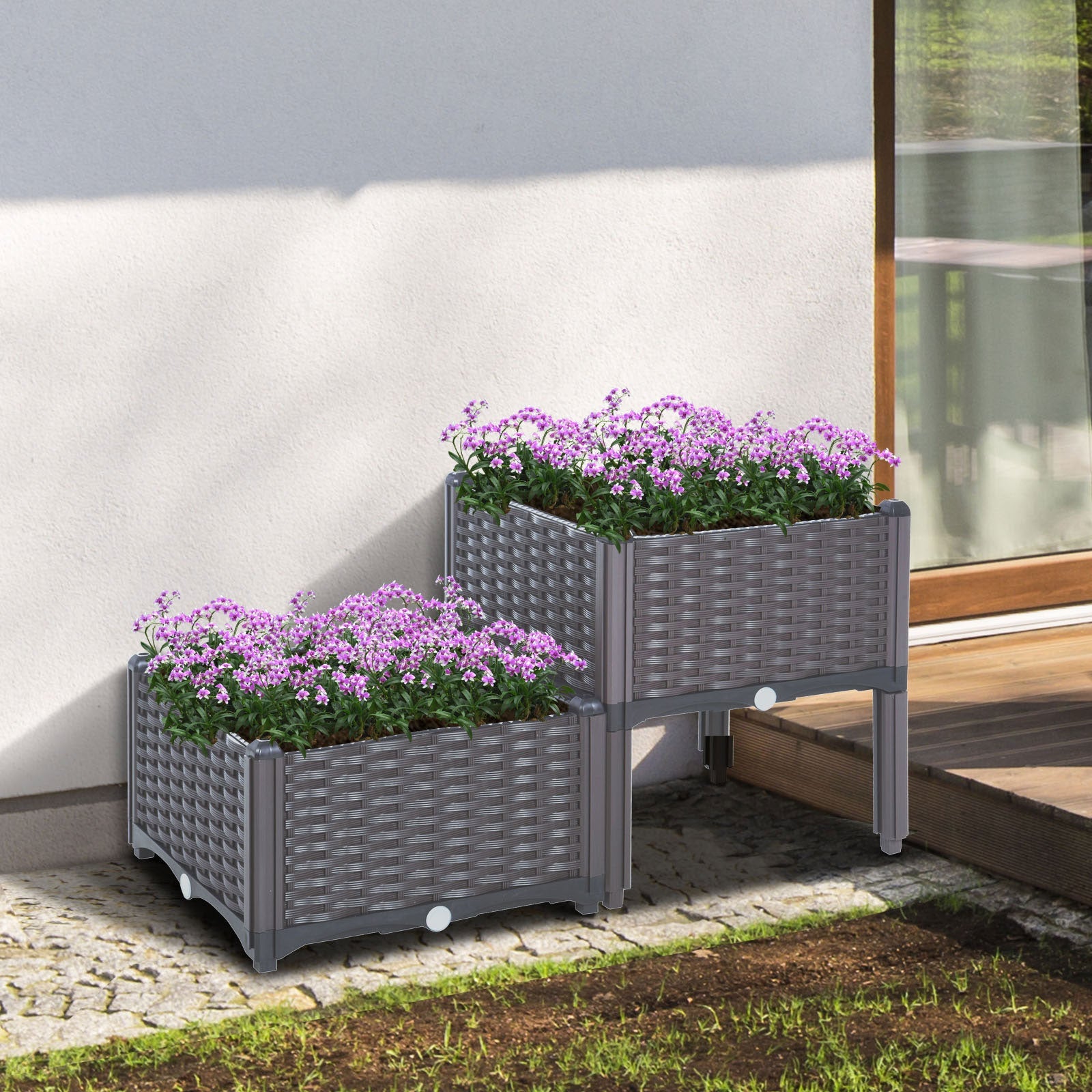 Set of 2 26L Garden Raised Bed Elevated Patio Flower Plant Planter Box PP Vegetables Planting Container, Brown