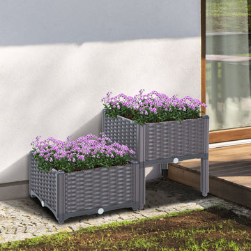 Set of 2 26L Garden Raised Bed Elevated Patio Flower Plant Planter Box PP Vegetables Planting Container, Brown