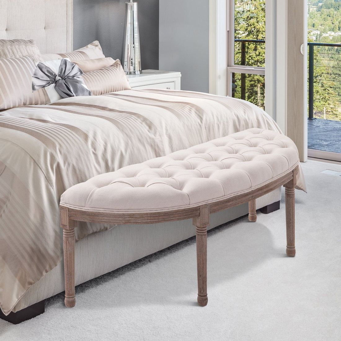 Half-Circle End Bench Ottoman Footstool Tufting Padded Seat Brushed Wood Base Antique Accents Home Seat Furniture Cream White and Light Wood Grain Leg