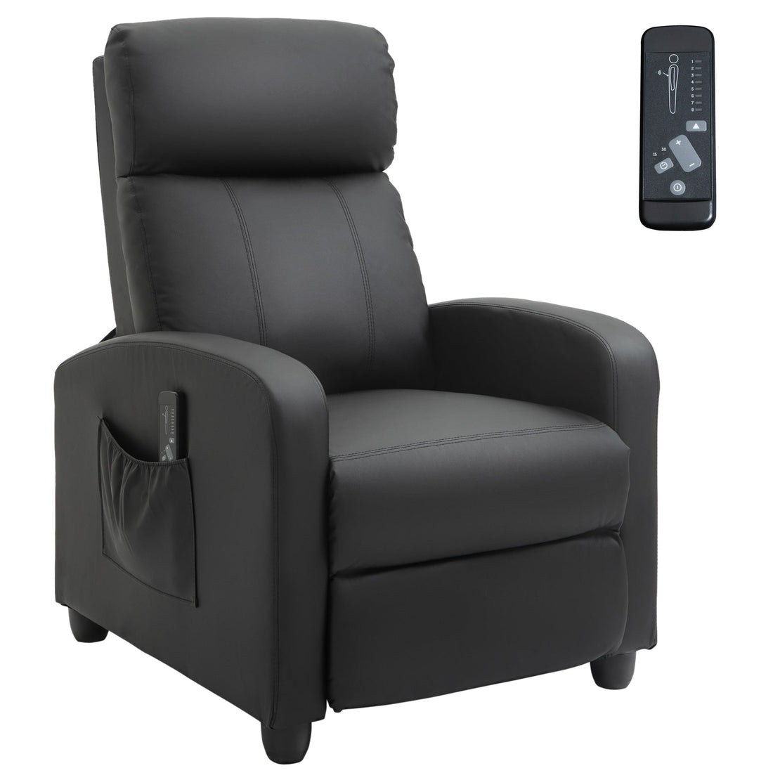 Recliner Armchair, Massage Faux Leather Push Back Reclining Chair with Adjustable Leg Rest, Side Pocket, for Home Living Room Theatre, Black