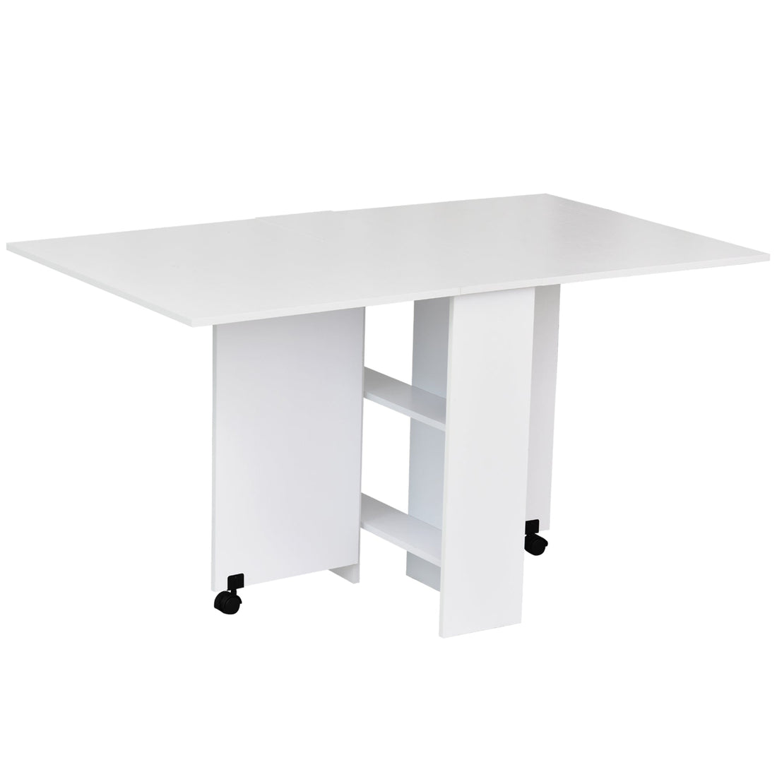 Folding Dining Table, Drop Leaf Table with 2-Tier Shelves, Rolling Casters, for Small Spaces, Kitchen, White