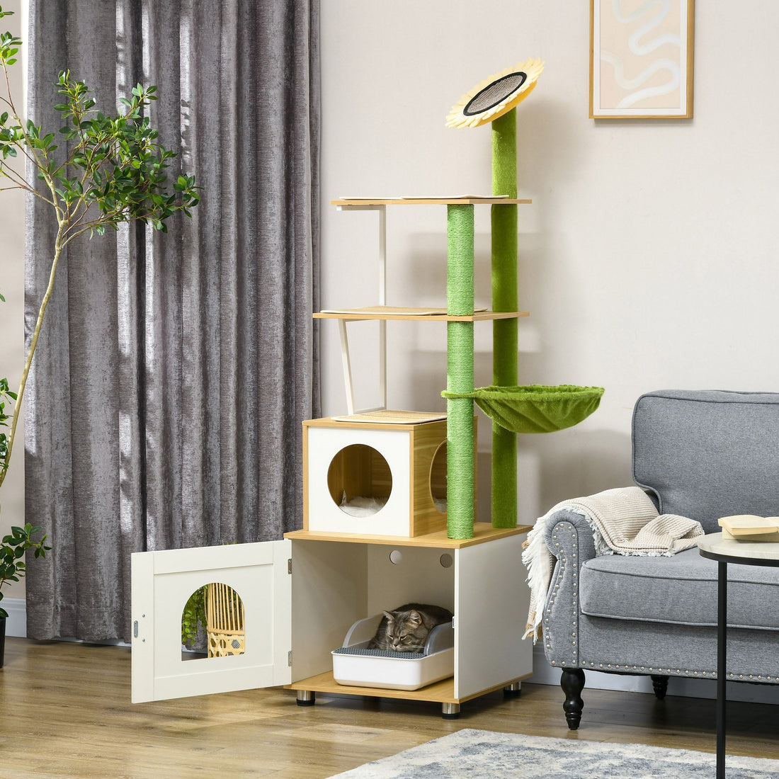 Cat Tree with Cat Litter Box for Indoor Cats, with Scratching Post, Cat House, Hammock - Oak Tone