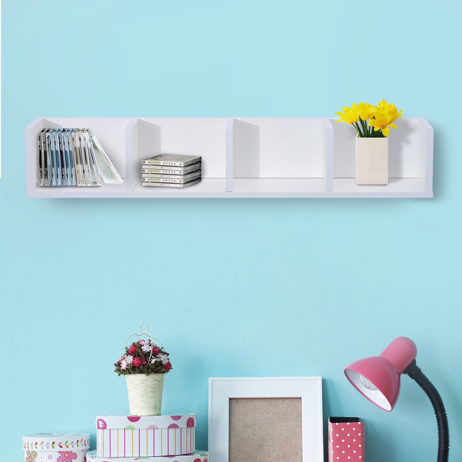 Wall Mount 84 CD / 56 DVD/Blu-ray/ Media Storage Rack 4 Cubes Wooden Shelf Organizer Unit Bookcase Display (White)