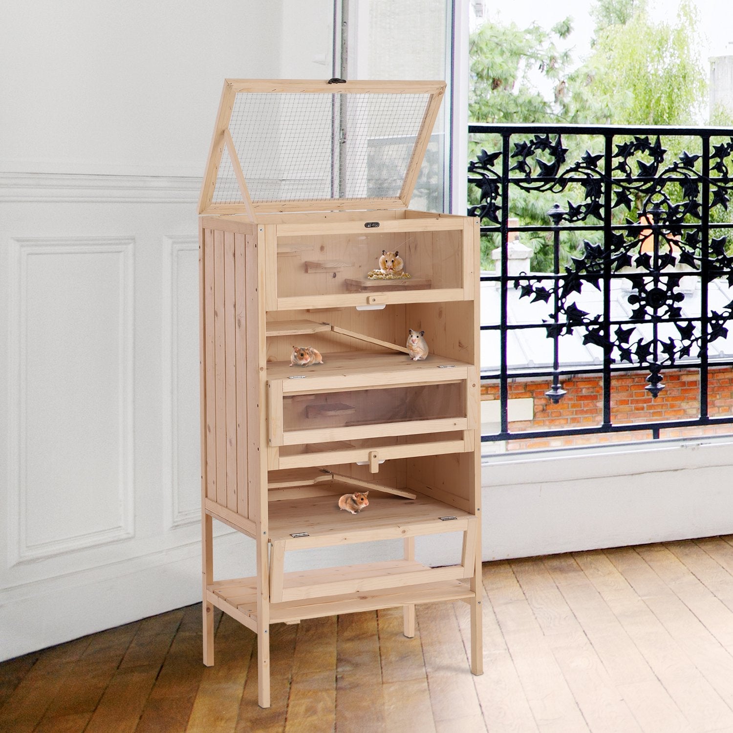 Wooden Large Hamster Cage, Gerbil Cage 4 Layers with Tall Bottom & Storage Shelf