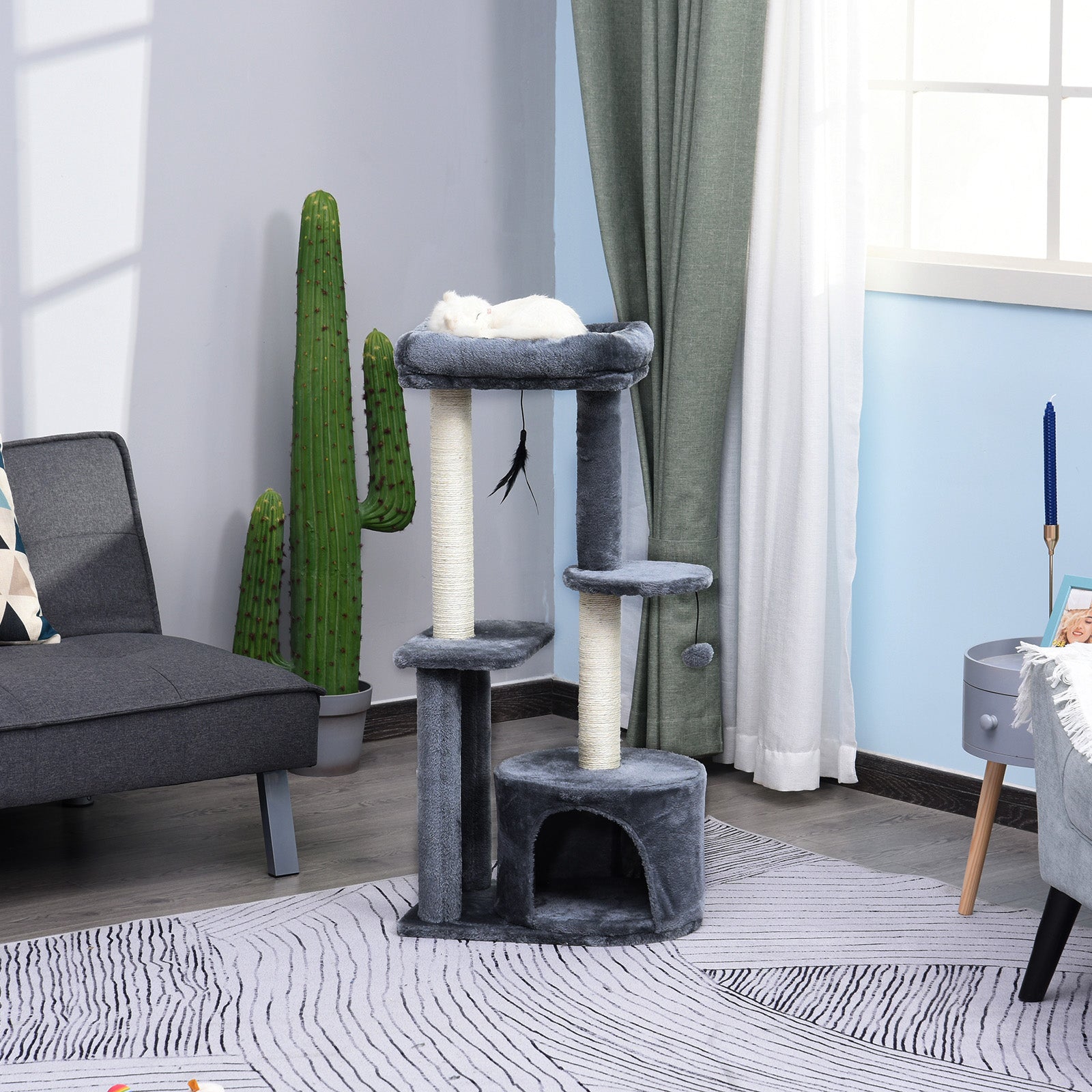 100cm Cat Tree for Indoor Cats, Cat Tower Condo for Kittens with Cat House Sisal Scratching Posts, Hanging Ball Toys, Perches - Grey