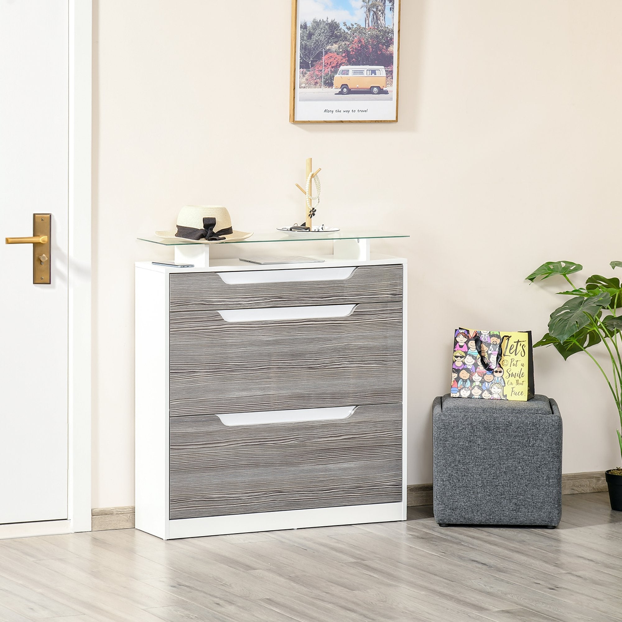 Shoe Storage Cabinet, Shoe Cupboard with Slide Out Drawer, 2 Flip Doors, Tempered Glass Top and Adjustable Shelves for 16 Pairs of Shoes, Grey