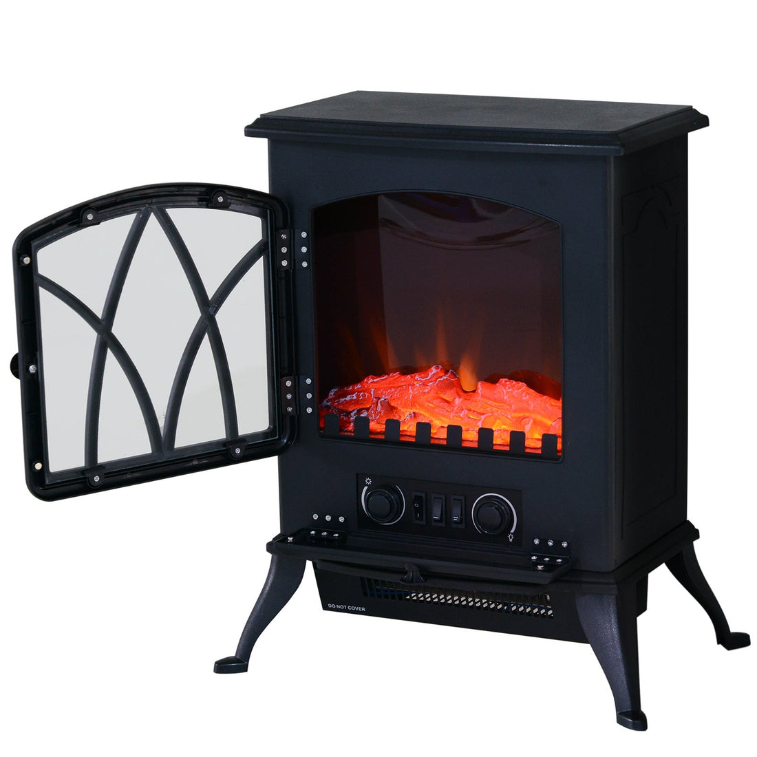 Electric Stove Heater with Realistic Flame Effect, 2000W Portable Indoor Freestanding Electric Fireplace with Adjustable Thermostat, Black