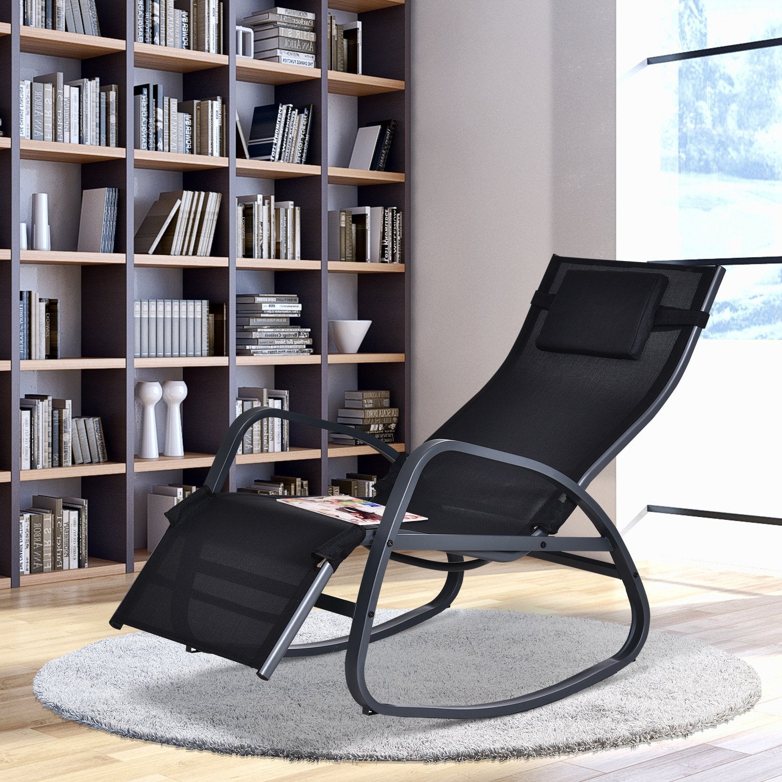 Garden Rocking Chair with 5-Level Adjustable Backrest, Rocking Sun Lounger with Removeable Headrest Pillow, Footrest, Armrest and Safety Stopper, Black