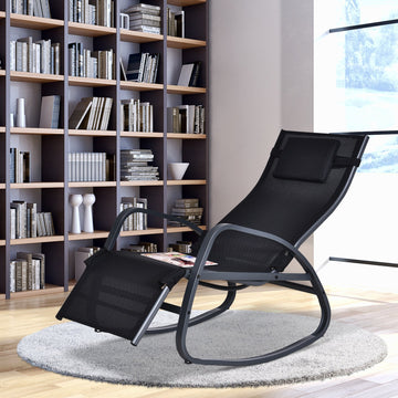 Garden Rocking Chair with 5-Level Adjustable Backrest, Rocking Sun Lounger with Removeable Headrest Pillow, Footrest, Armrest and Safety Stopper, Black
