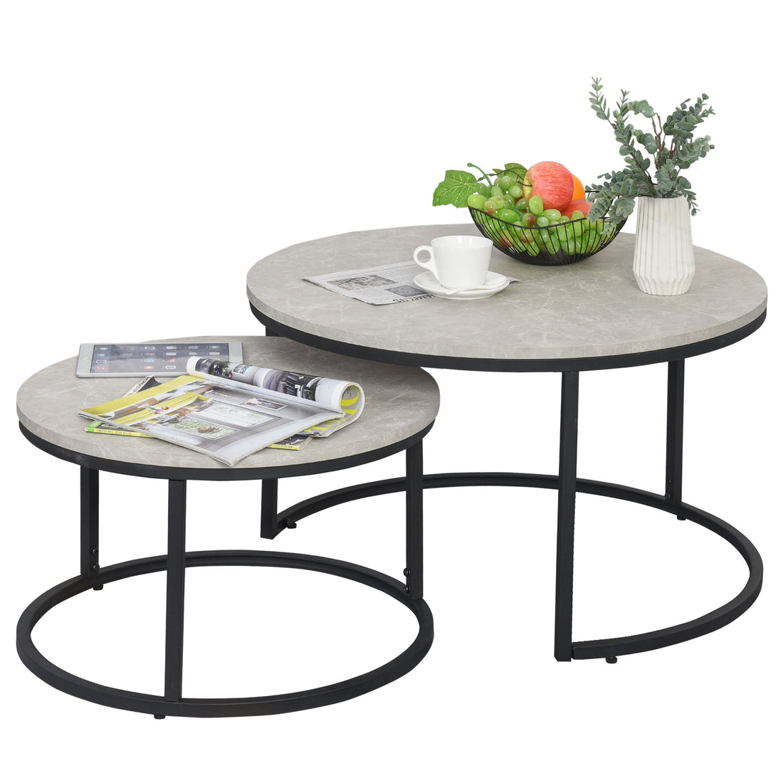 Set of Two Marble-Effect Stacking Tables - Wood Grey