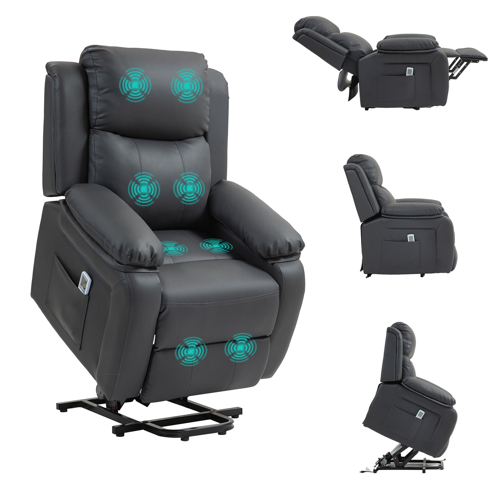 Riser and Recliner Chair with Massage, Heat, Power Lift Recliner Chair for Elderly with Remote Control, Extended Footrest, Dual Side Pockets, Overstuffed Electric Reclining Armchair, Dark Grey