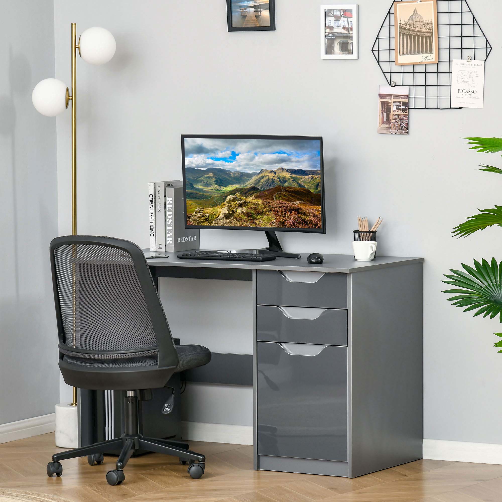 Computer Desk with Drawers, High Gloss Home Office Desk with Storage Cabinet, Study Workstation, 120 x 60cm, Grey