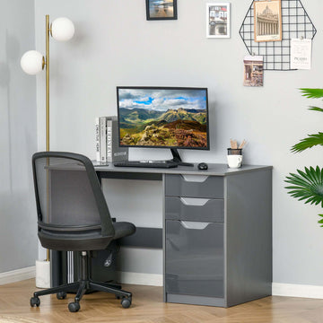 Computer Desk with Drawers, High Gloss Home Office Desk with Storage Cabinet, Study Workstation, 120 x 60cm, Grey