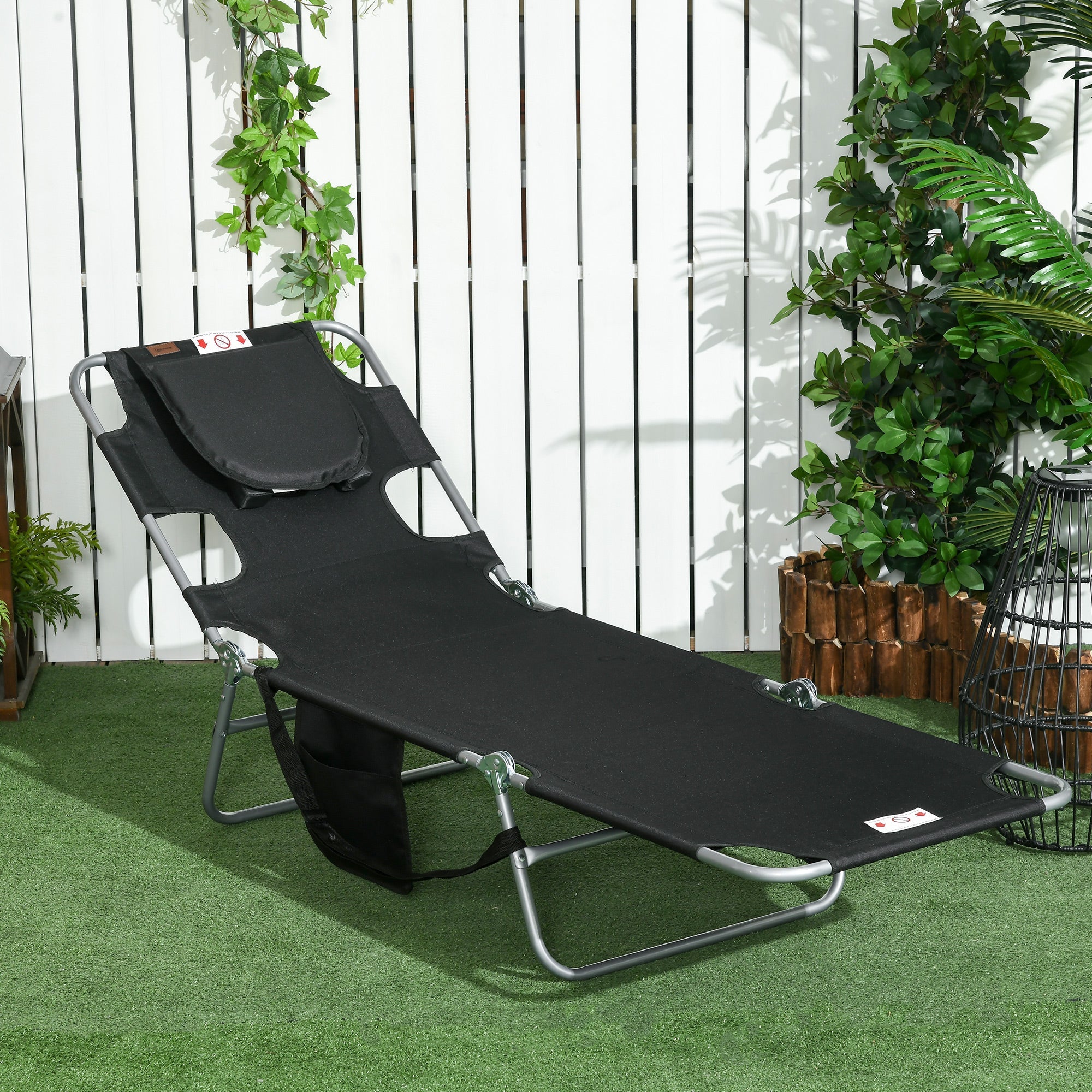 Foldable Sun Lounger, Beach Chaise Lounge with Reading Hole, Arm Slots, 5-Position Adjustable Backrest, Side Pocket, Pillow for Garden, Beach, Pool, Black