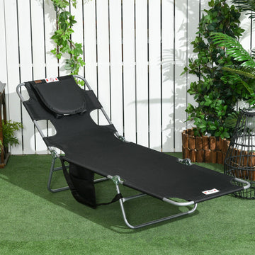 Foldable Sun Lounger, Beach Chaise Lounge with Reading Hole, Arm Slots, 5-Position Adjustable Backrest, Side Pocket, Pillow for Garden, Beach, Pool, Black