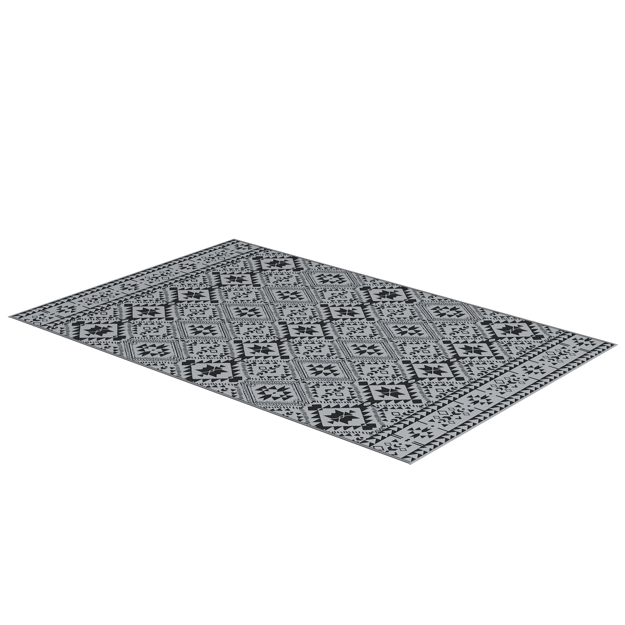 182 x 274cm Reversible Patterned Outdoor Rug, with Bag - Black/Grey
