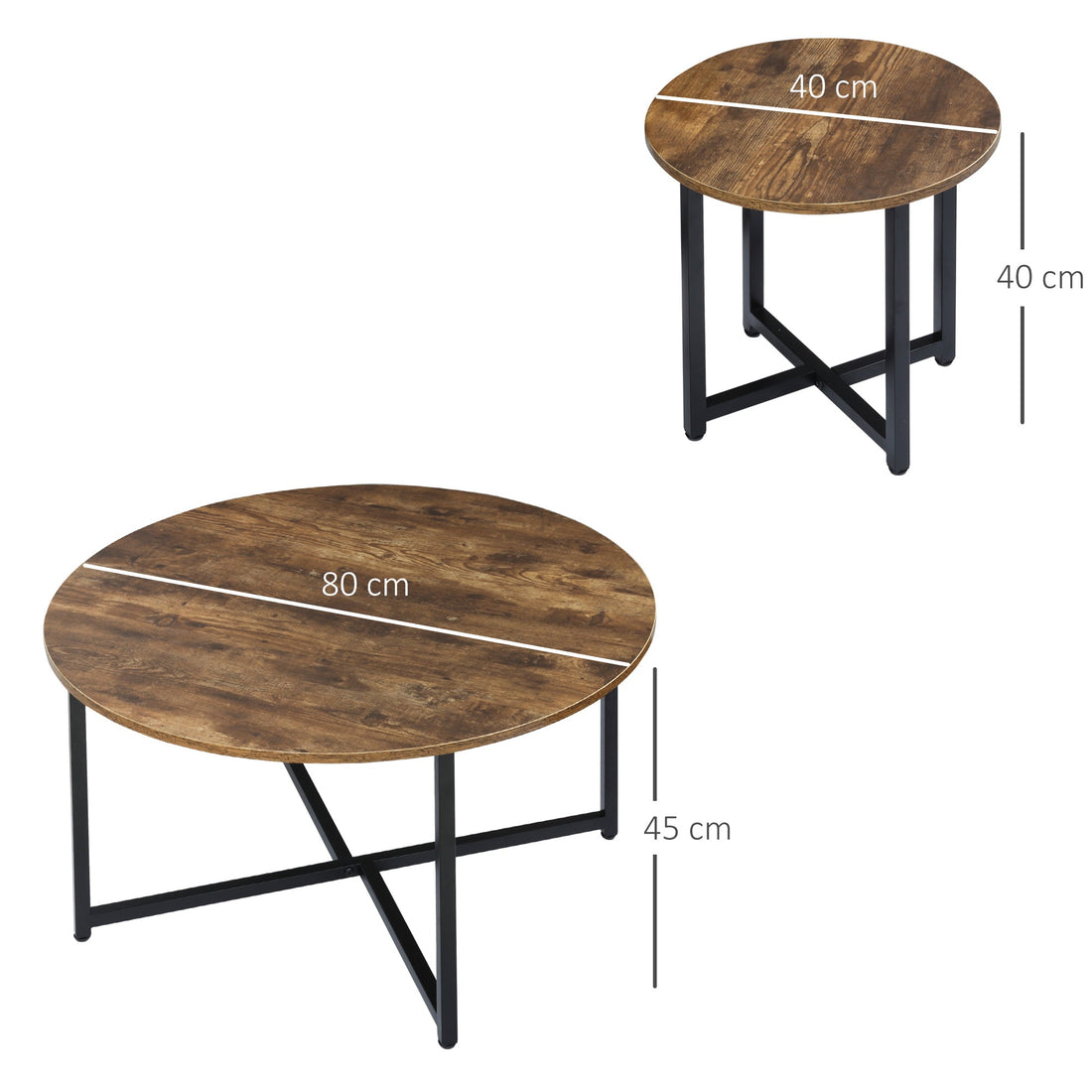 Round Coffee Table, Set of 2 Side Table with Metal Frame, Industrial End Table for Living Room Bedroom, Rustic Brown