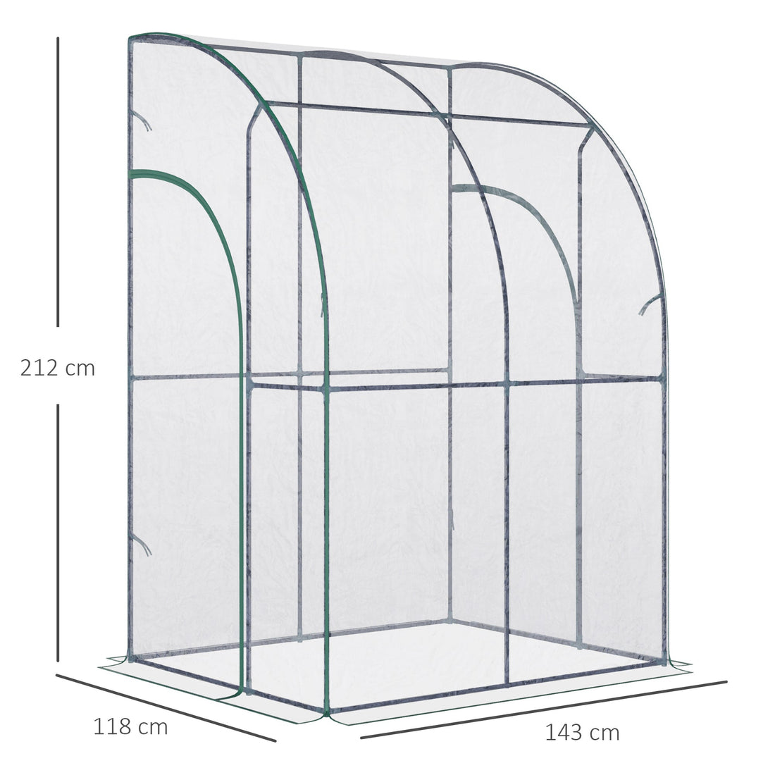 Outdoor Walk-In Lean to Wall Tunnel Greenhouse w/ Zippered Roll Up Door PVC Cover, Clear, Green 143cm x 118cm x 212cm