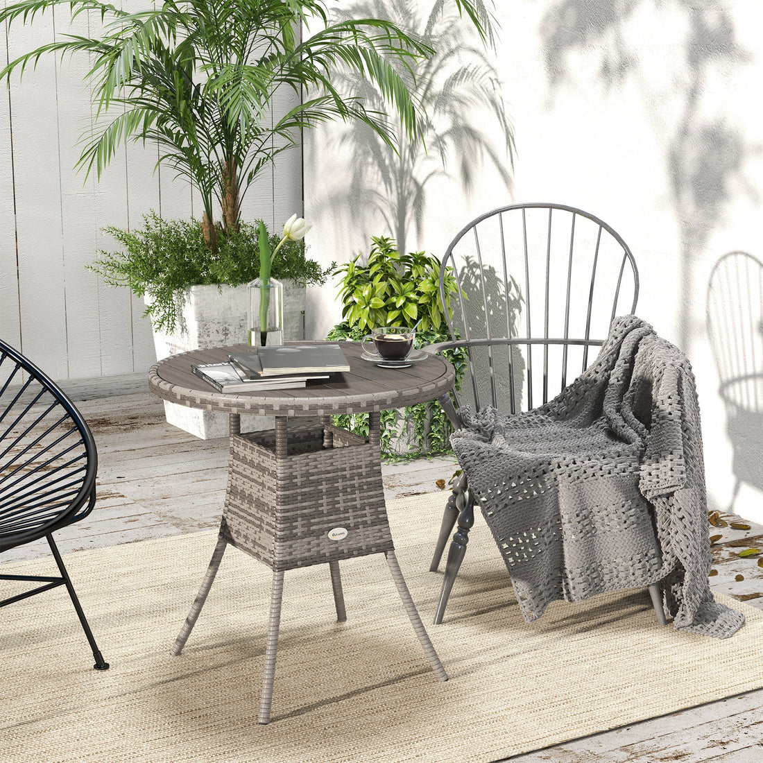 70cm Four-Person Wood-Effect Rattan Table - Grey