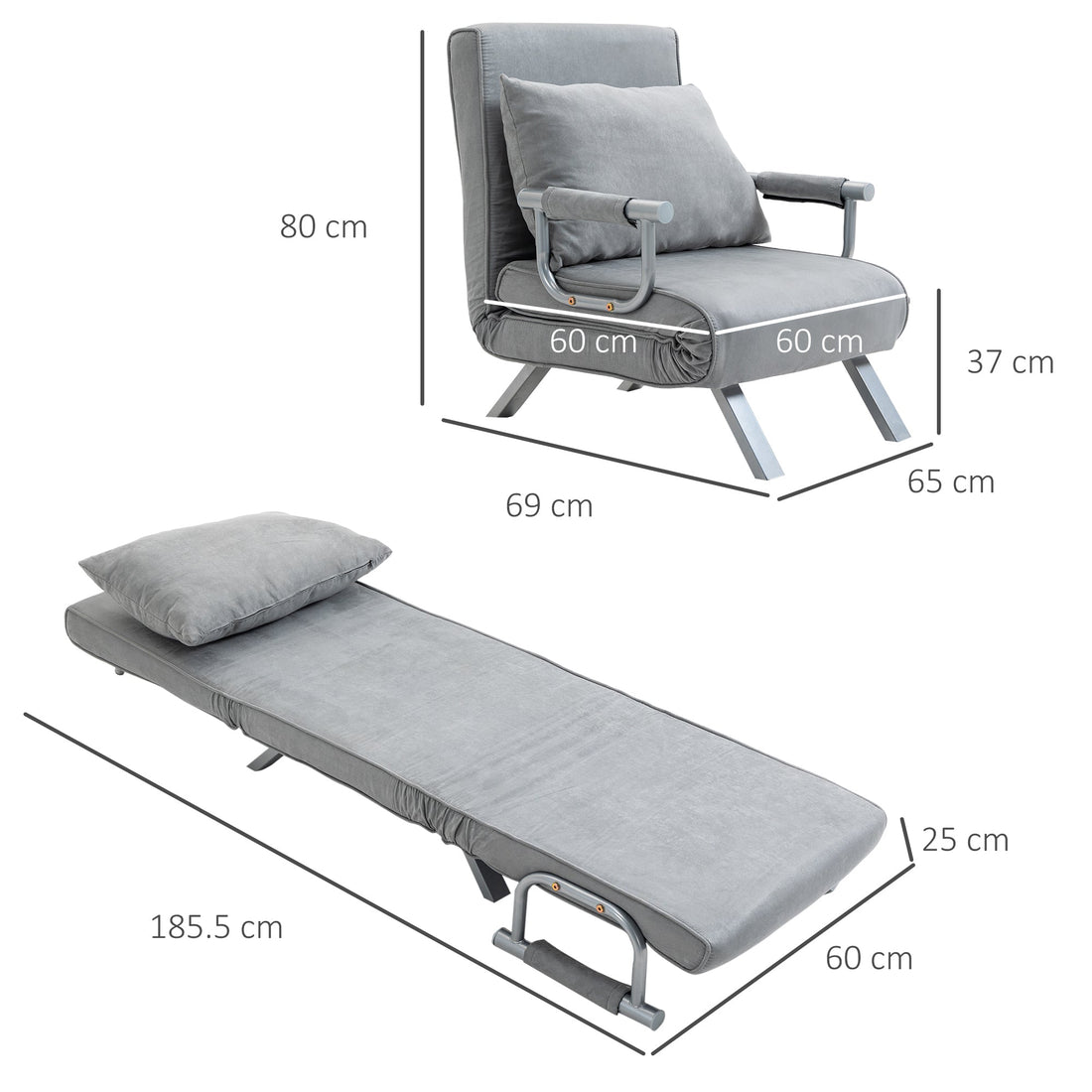 HOMCOM Modern 2-In-1 Design Single Sofa Bed Sleeper Foldable Portable Armchair Bed Chair Lounge Couch with Pillow for Living Room, Bedroom, Light Grey