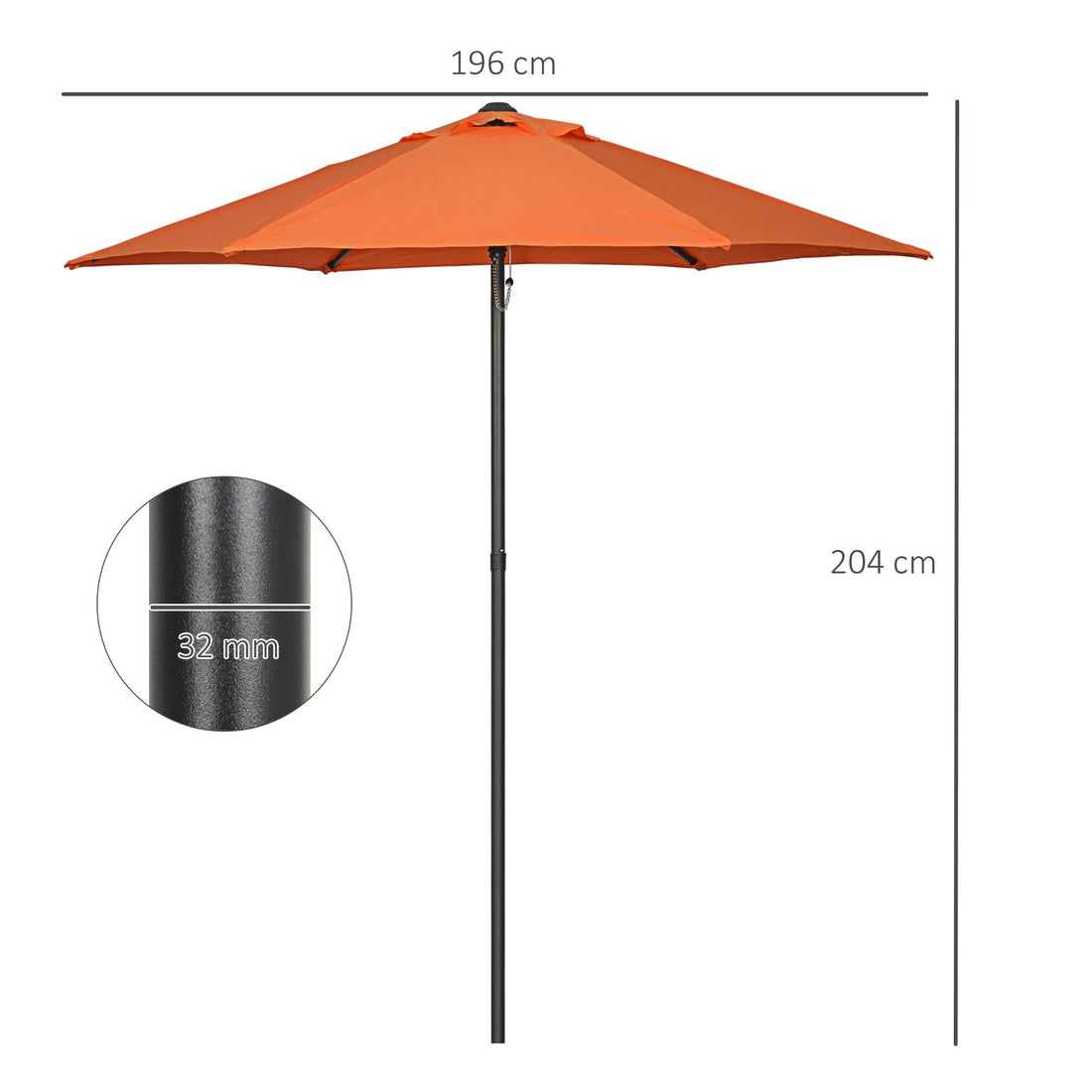 2m Garden Parasol Umbrella, Outdoor Sun Shade with 6 Sturdy Ribs for Balcony, Bench, Garden, Orange