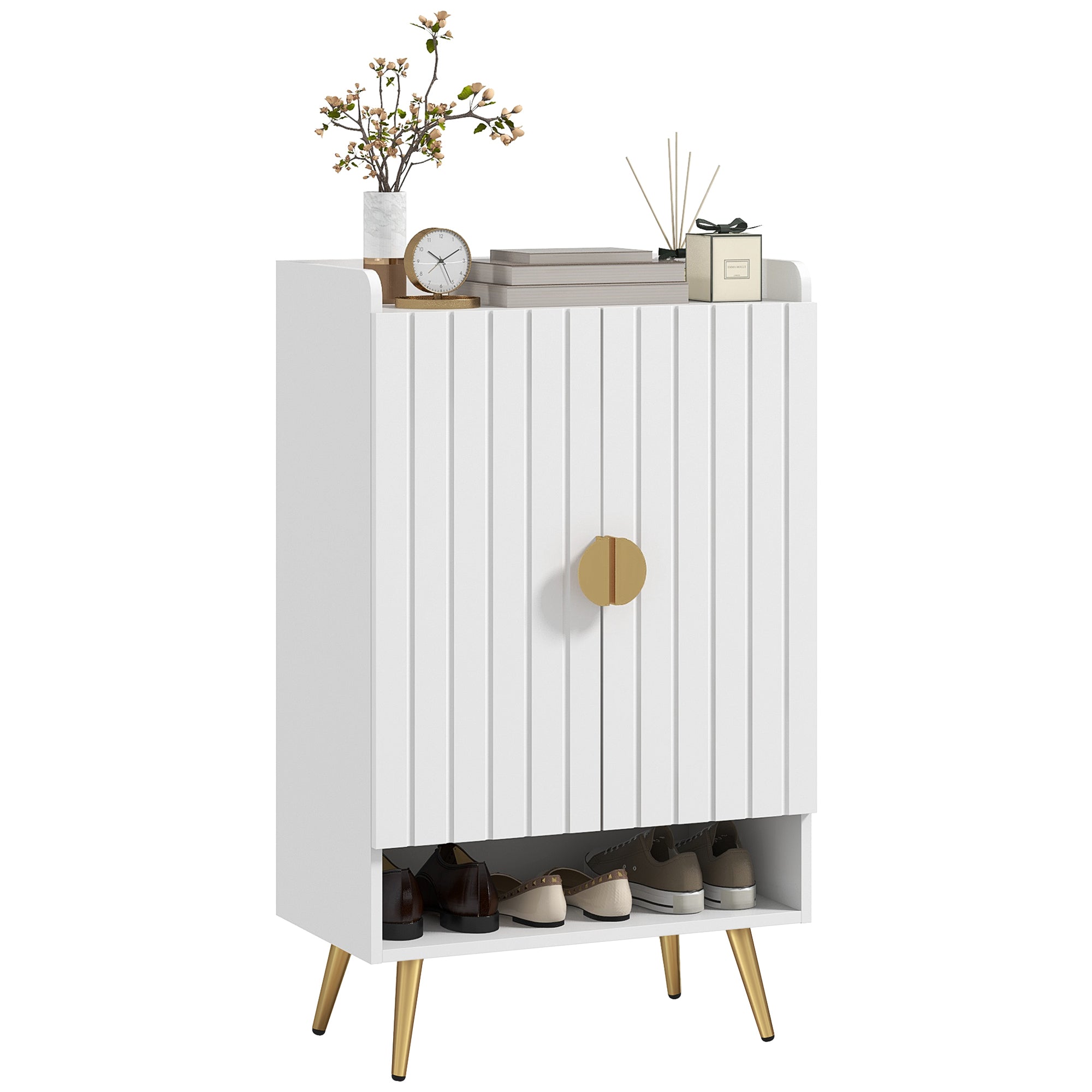 Modern Shoe Cabinet with 2 Doors, Open Shelf and Adjustable Shelves, 15 Pair Hallway Shoe Cupboard, Entryway Storage Unit, White