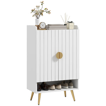 Modern Shoe Cabinet with 2 Doors, Open Shelf and Adjustable Shelves, 15 Pair Hallway Shoe Cupboard, Entryway Storage Unit, White