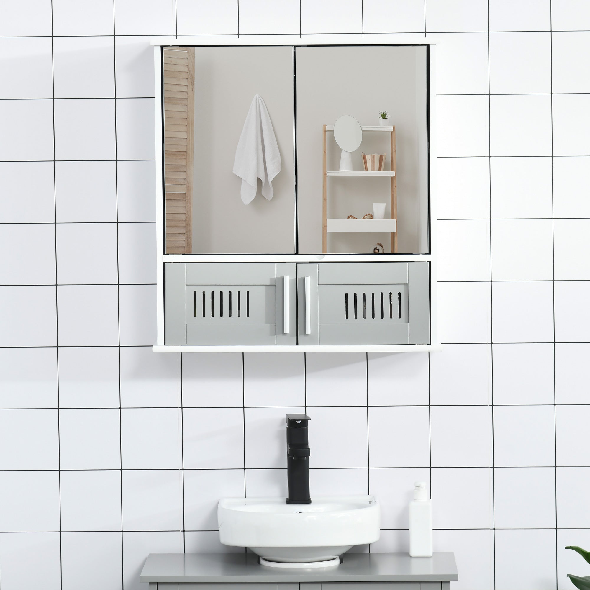 Bathroom Mirror Cabinet, Wall Mounted Storage Cupboard with Double Doors and Adjustable Shelf, Bathroom Organizer, Grey