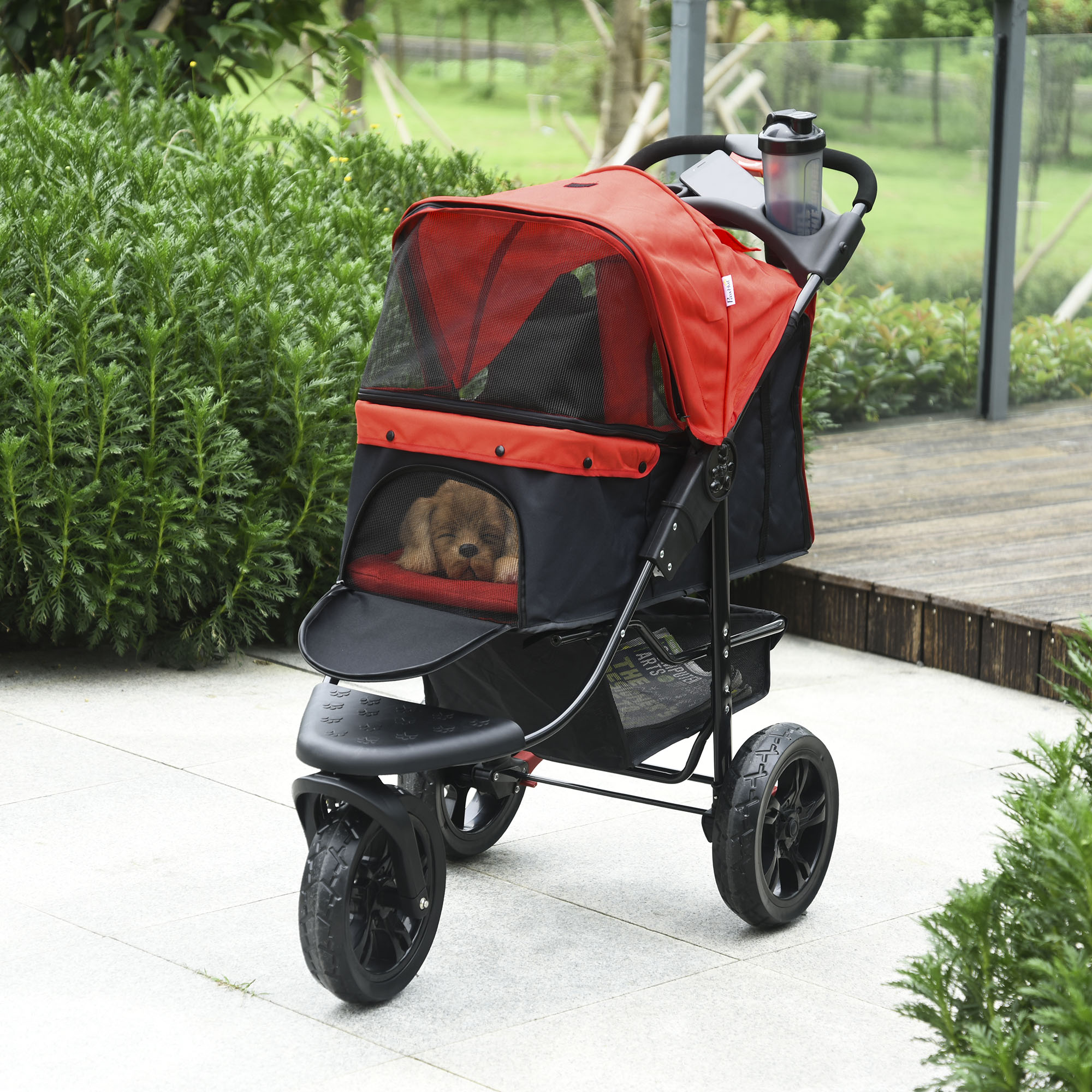 Dog Pram Dog Stroller Pet Stroller, 3 Wheels Dog Pushchair with Brake, for Small Miniature Dogs, Cats, Red