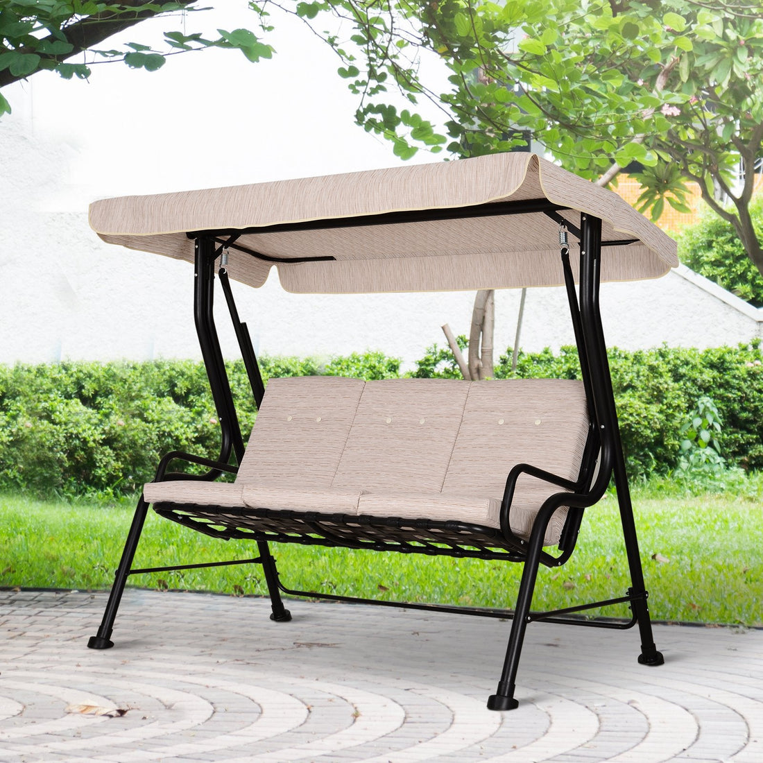 Steel Frame 3-Seater Outdoor Garden Swing Chair w/ Canopy Beige