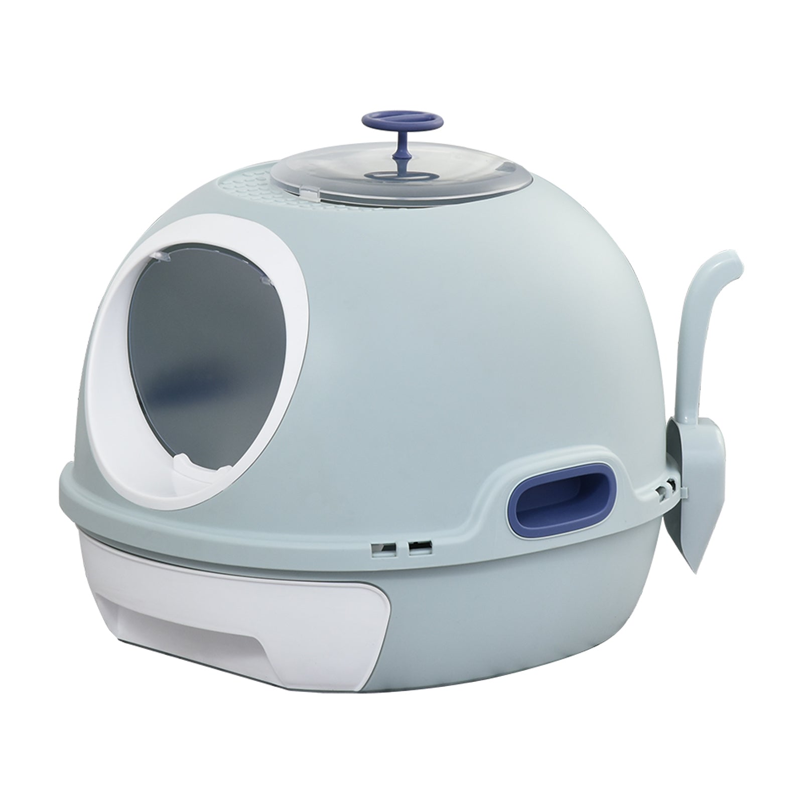 Cat Litter Box Toilet with Litter Scoop Enclosed Drawer, Front Entry Top Exit, Easy To Clean Blue