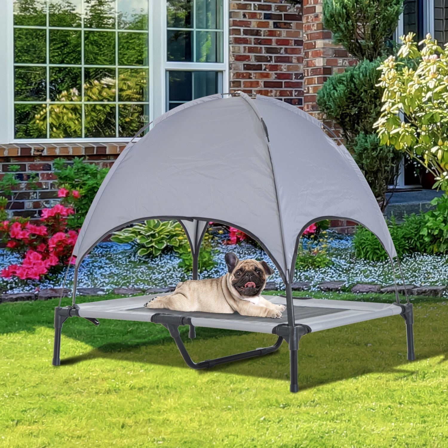 Raised Dog Bed Waterproof Elevated Pet Cot with Breathable Mesh UV Protection Canopy Grey, for Medium Dogs, 76 x 61 x 73cm