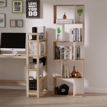 Bookcase, S-Shaped Wooden Bookshelf, 5/6 Tiers Freestanding Storage Shelf, Home Office Decorative Display Stand Rack, Oak and White, 24D x 60W x 184.5H