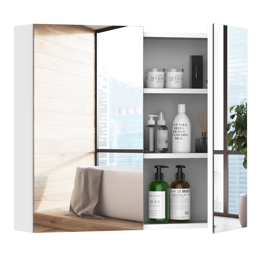 Mirror Cabinet, Wall Mount Bathroom Storage Cabinet with Adjustable Shelf, Double Door Cupboard, 70 x 15 x 60 cm, White