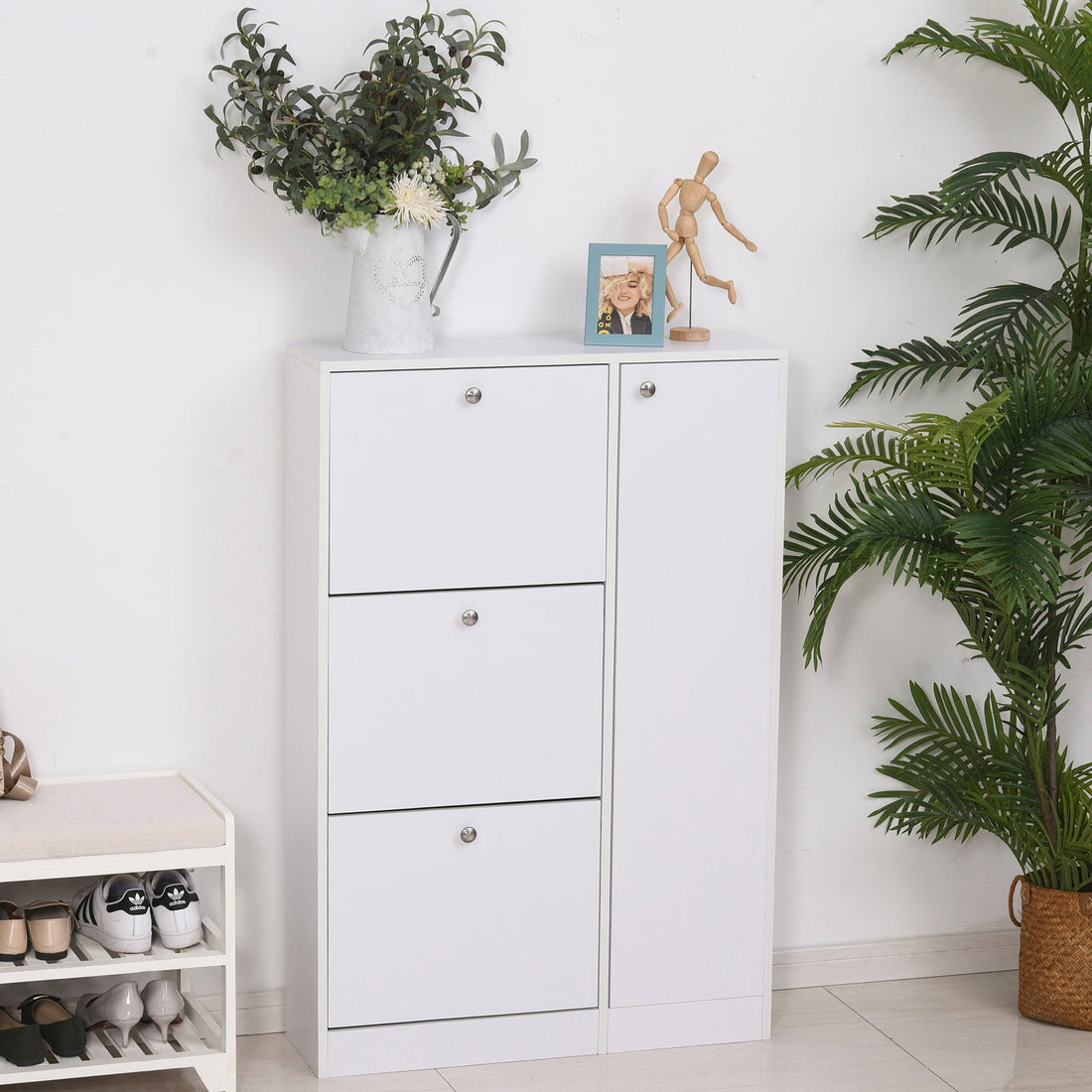 Shoe Cabinet with 3 Flip Drawers, Narrow Shoe Storage Cabinet with 5-tier Cupboard and Adjustable Dividers for Hallway, Entryway, White