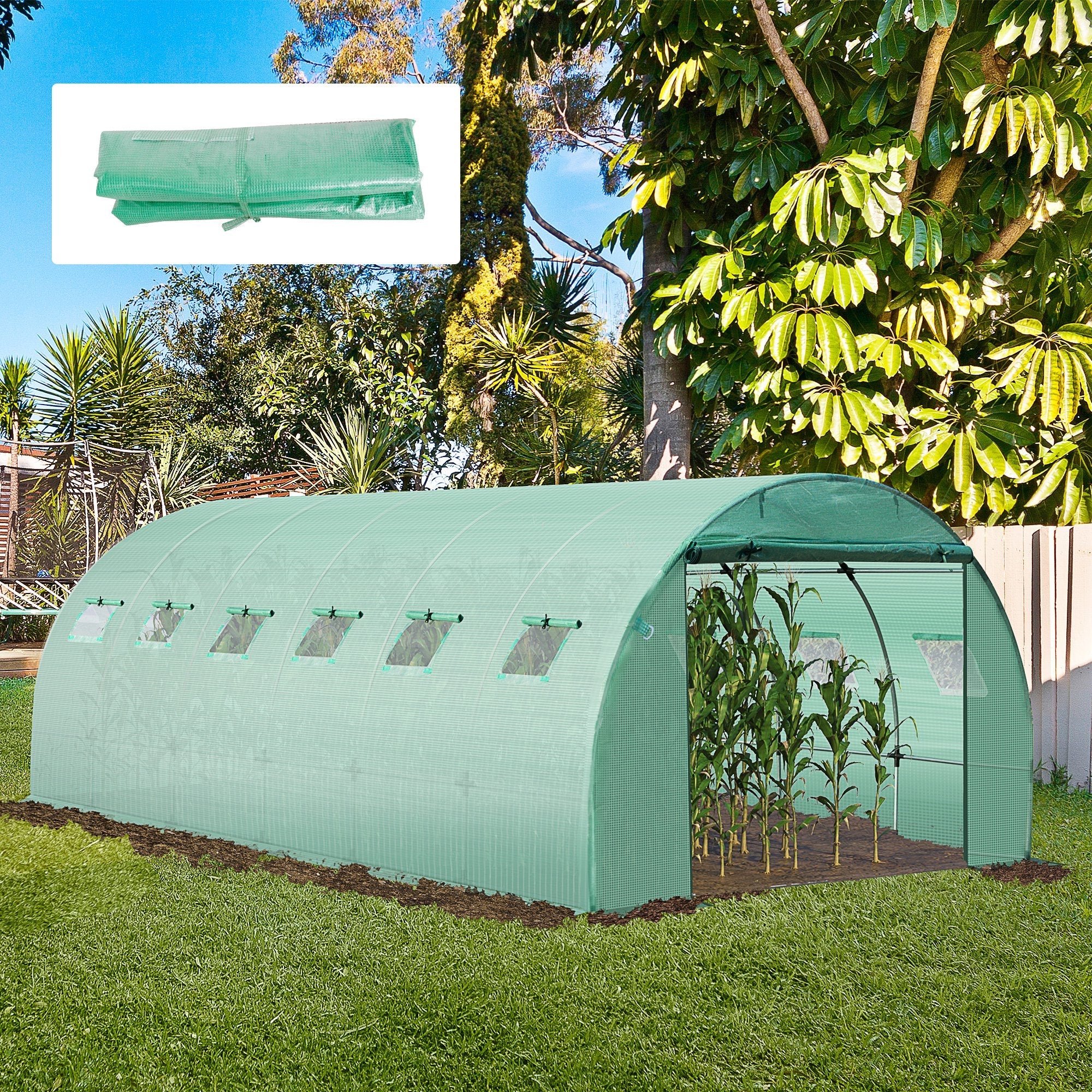 6 x 3 x 2m Greenhouse Replacement Cover ONLY Winter Garden Plant PE Cover for Tunnel Walk-in Greenhouse with Roll-up Windows Door Outdoor, Green