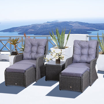 5PCS Deluxe Garden Rattan Furniture Sofa Chair & Stool Table Set Patio Wicker Weave Furniture Set Aluminium Frame Fully-assembly - Grey