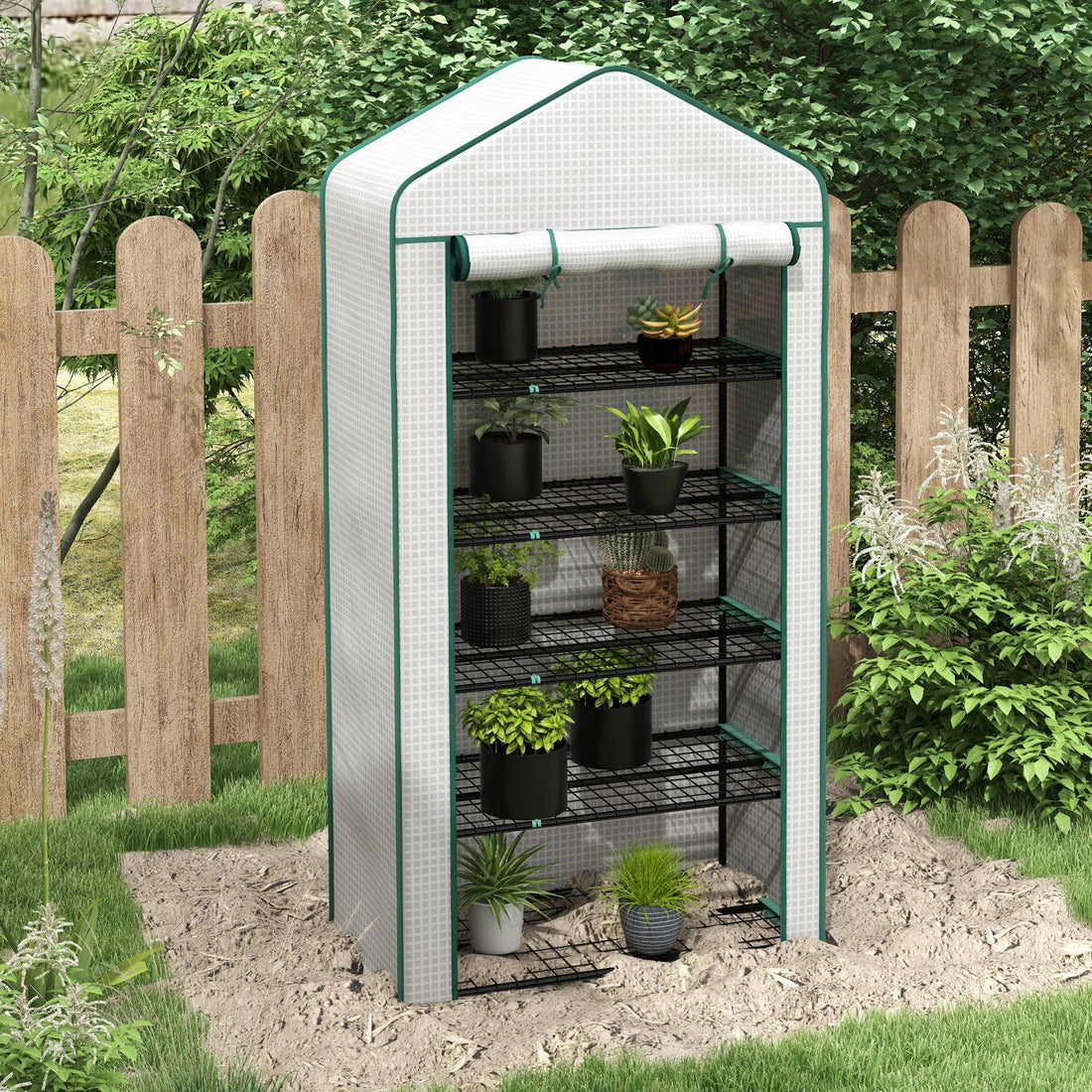 5 Tier Widened Mini Greenhouse with Reinforced PE Cover, Portable Indoor Outdoor Green House with Roll-up Door and Wire Shelves, 193H x 90W x 49Dcm, White