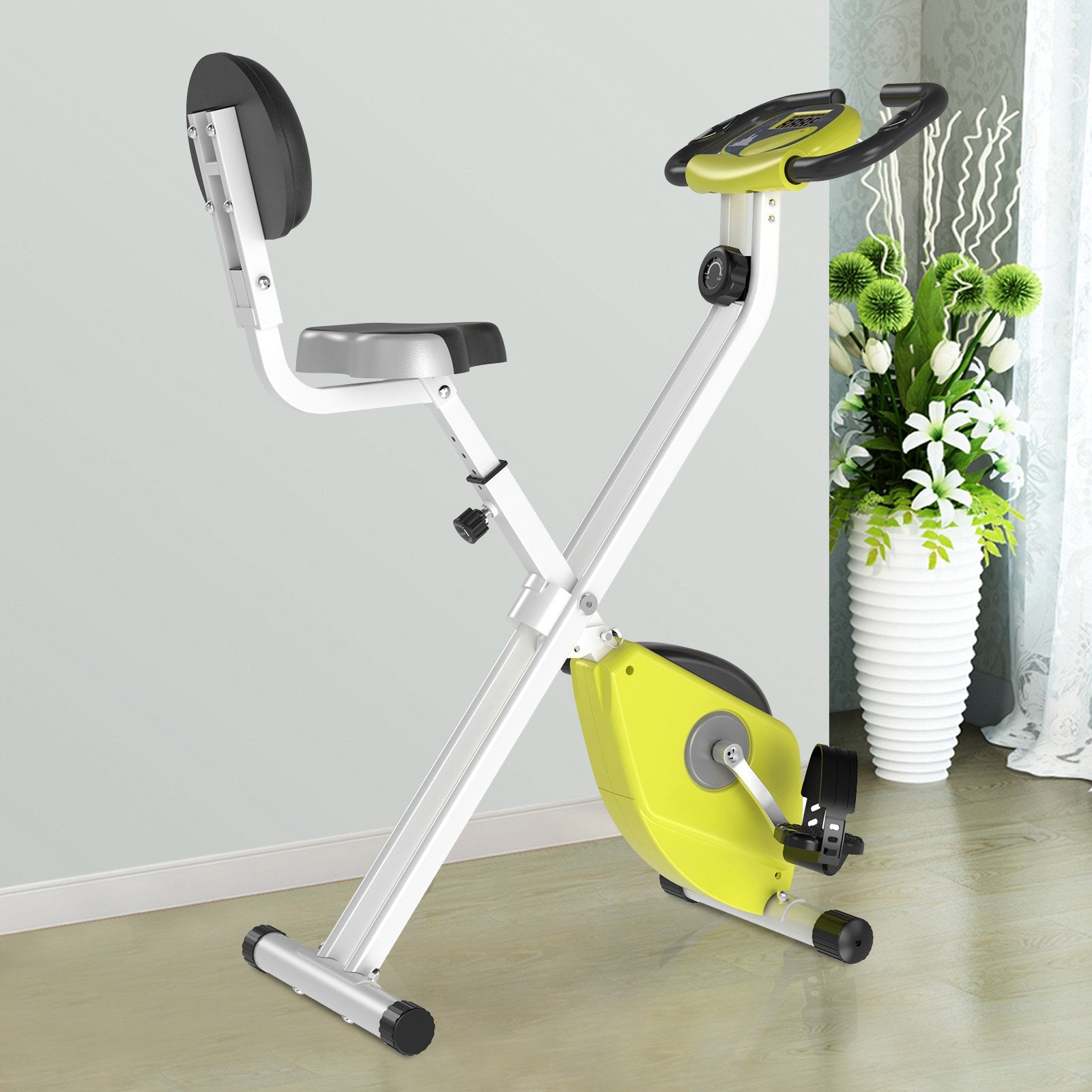 Folding Exercise Bike, Fitness Bicycle Indoor Trainer, 8-Level Magnetic Resistance Adjustable, with LCD Monitor, Pulse Sensor, Yellow