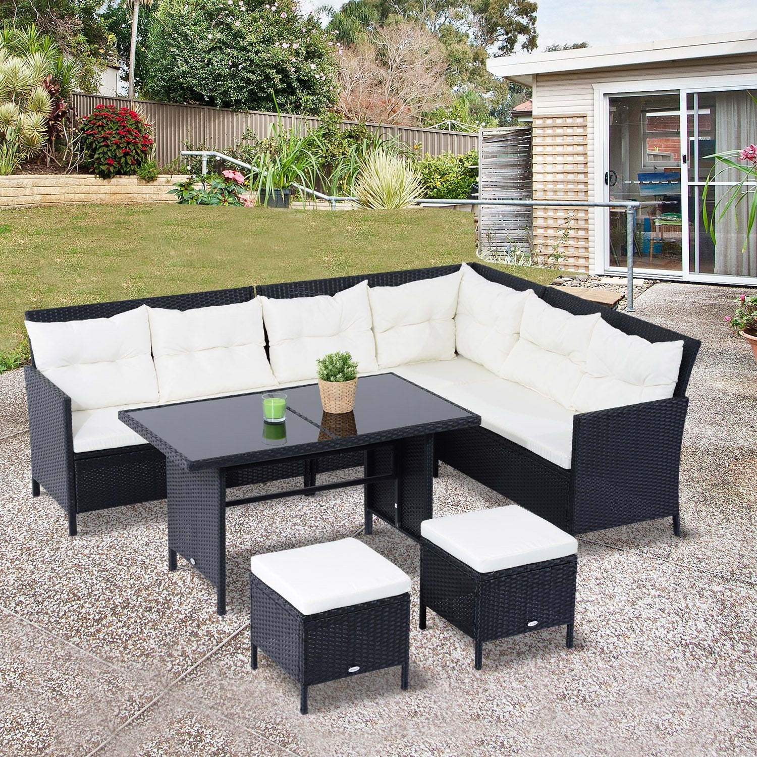 8-Seater Garden Rattan Furniture Rattan Corner Dining Sofa Set Wicker Conservatory Furniture Lawn Patio Coffee Table Foot Stool w/Cushion-Black