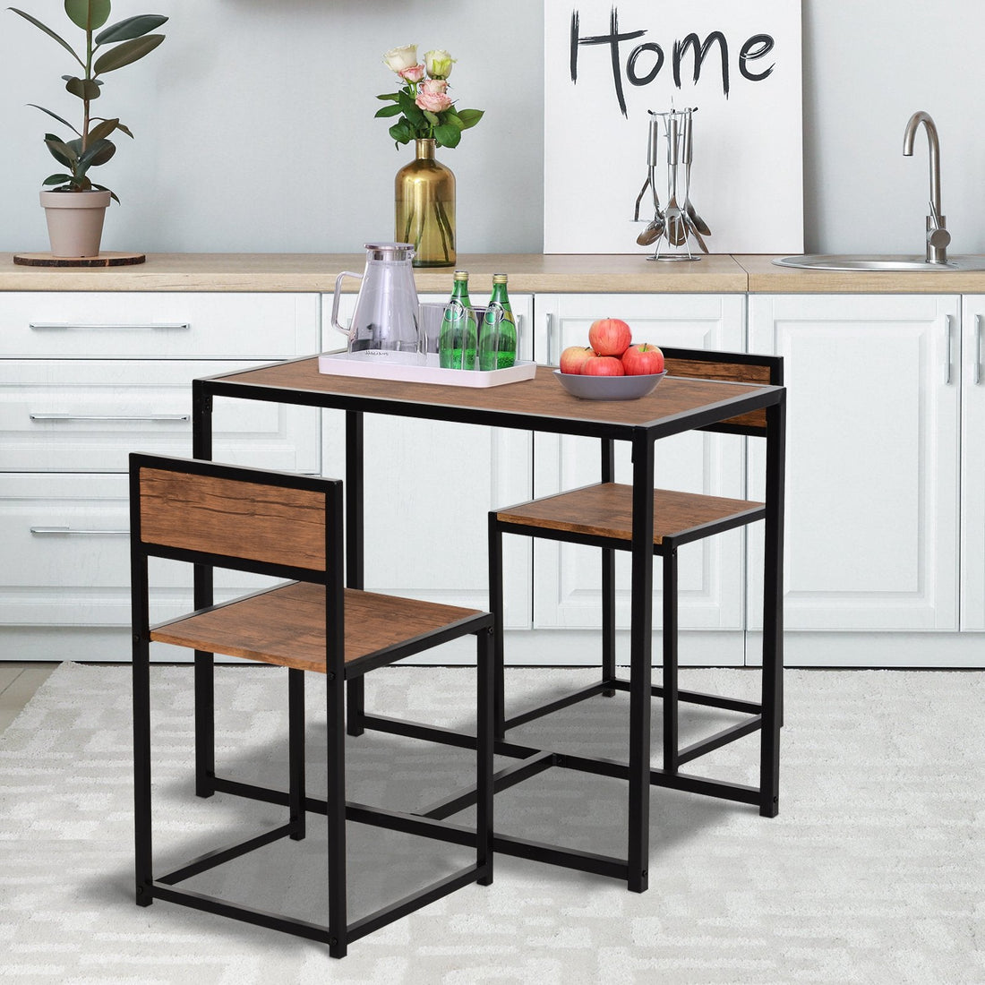 Dining Table and Chairs Set 2, Dining Room Sets, Rectangular Space Saving Table and 2 Chairs for Compact Kitchens, Steel Frame, Natural