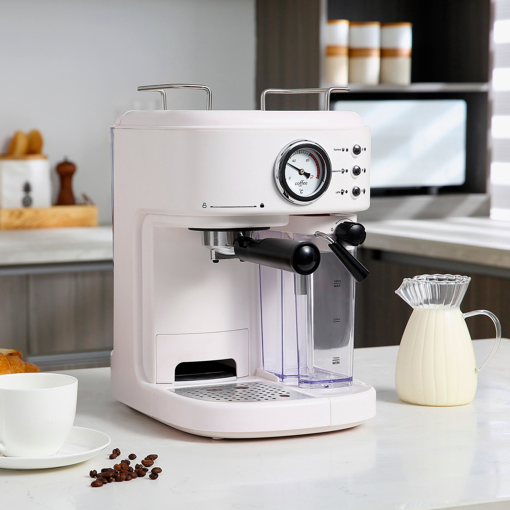 5Pc Coffee Machine, Espresso & Cappuccino & Latte Maker with Milk Frothing Steamer, 1.5L Removable Water Tank, 2 Cups, 1250W