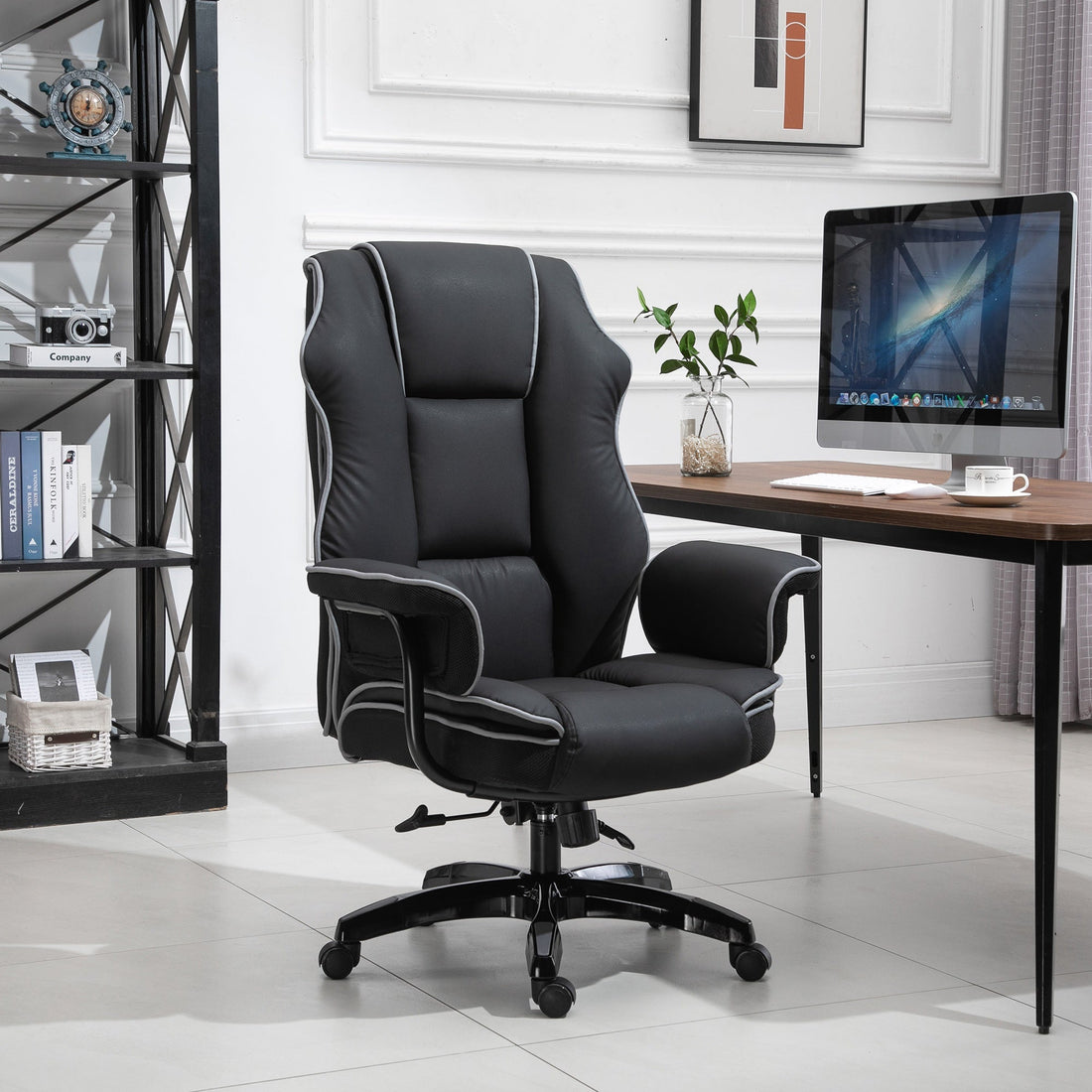 Faux Leather Executive Office Chair, with Contrast Piping - Black/White